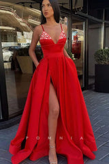 P1140 - Spaghetti Straps Top Beads V-Neck Slit Prom Party Dress with Pockets