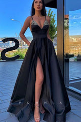 P1140 - Spaghetti Straps Top Beads V-Neck Slit Prom Party Dress with Pockets