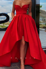P1139 - Off-Shoulder V-Neck A-Line Pleats High Low Prom Party Dress with Pockets