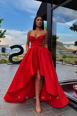 P1139 - Off-Shoulder V-Neck A-Line Pleats High Low Prom Party Dress with Pockets