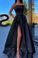 P1141 - Spaghetti Straps A-Line Pleats Scoop Prom Party Dress with Pockets