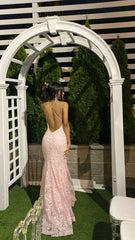 Elegant Mermaid Pink Lace Prom Dresses Formal Evening Dress P1143