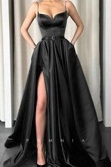 P1143 - A-Line Spaghetti Straps V-Neck Pockets Pleats Prom Party Dress with Slit