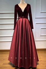 P1144 - Elegant V-Neck Long Sleeves High Slit Pleats Formal Prom Dress with Belt