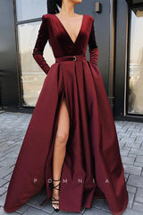 P1144 - Elegant V-Neck Long Sleeves High Slit Pleats Formal Prom Dress with Belt