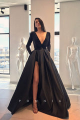 P1144 - Elegant V-Neck Long Sleeves High Slit Pleats Formal Prom Dress with Belt