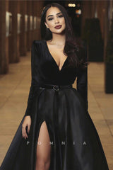 P1144 - Elegant V-Neck Long Sleeves High Slit Pleats Formal Prom Dress with Belt