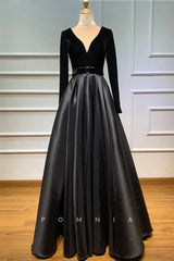 P1144 - Elegant V-Neck Long Sleeves High Slit Pleats Formal Prom Dress with Belt