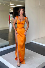 P1145 - Double Straps V-Neck Side Slit Column Satin Prom Party Dress