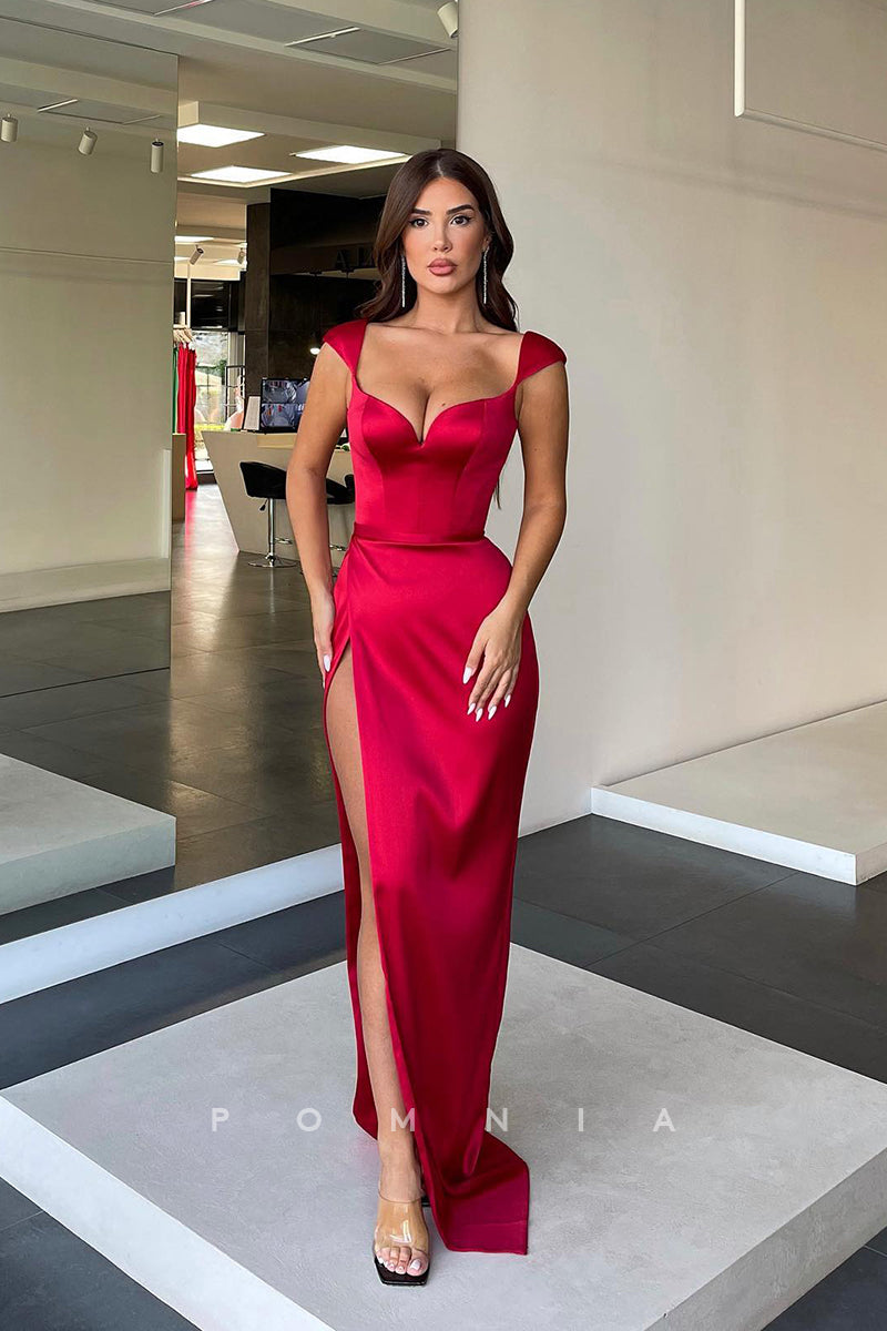 P1145 - Double Straps V-Neck Side Slit Column Satin Prom Party Dress
