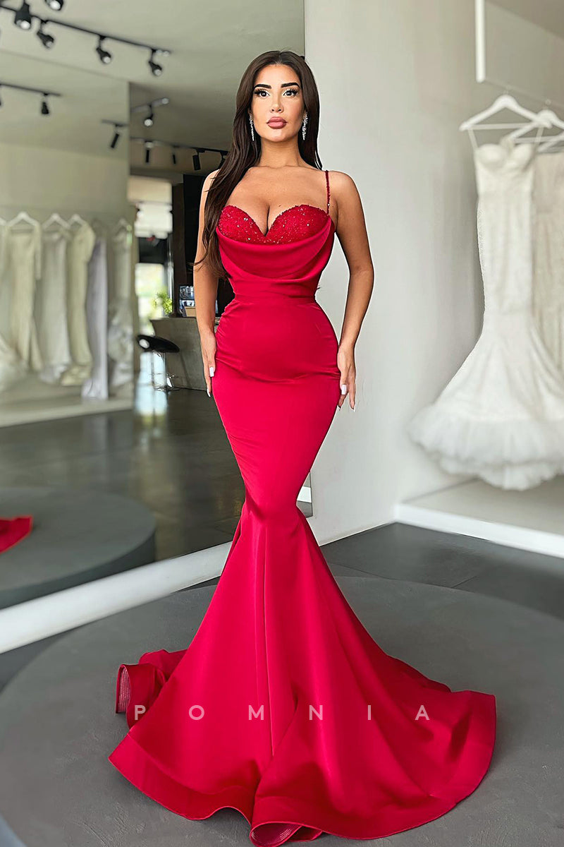 P1146 - Mermaid Spaghetti Straps Top Rhinestones Sleeveless Prom Party Dress