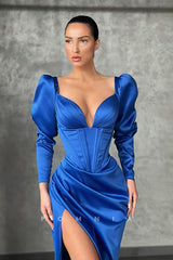 P1147 - Sheath/Column Long Sleeves V-Neck Pleats Prom Party Formal Dress with Slit