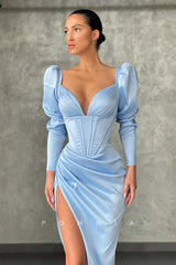 P1147 - Sheath/Column Long Sleeves V-Neck Pleats Prom Party Formal Dress with Slit