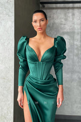 P1147 - Sheath/Column Long Sleeves V-Neck Pleats Prom Party Formal Dress with Slit