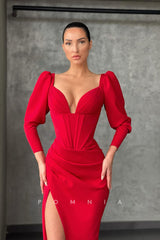 P1147 - Sheath/Column Long Sleeves V-Neck Pleats Prom Party Formal Dress with Slit