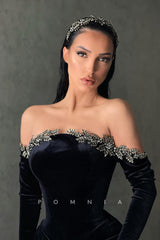 P1148 - Strapless Scoop Beads High Slit Velvet Prom Party Formal Dress with Gloves