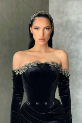 P1148 - Strapless Scoop Beads High Slit Velvet Prom Party Formal Dress with Gloves