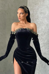 P1148 - Strapless Scoop Beads High Slit Velvet Prom Party Formal Dress with Gloves