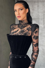 P1149 - Unique High Neck Side Slit Appliques Velvet Prom Formal Dress with Sleeves