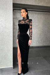 P1149 - Unique High Neck Side Slit Appliques Velvet Prom Formal Dress with Sleeves