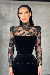P1149 - Unique High Neck Side Slit Appliques Velvet Prom Formal Dress with Sleeves