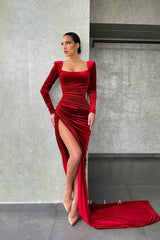 P1150 - Sheath Long Sleeves Pleats Scoop Side Slit Velvet Prom Party Dress