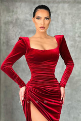 P1150 - Sheath Long Sleeves Pleats Scoop Side Slit Velvet Prom Party Dress