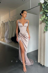 P1151 - Hot/Sexy V-Neck Pleats Sleeveless High Slit Satin Prom Party Dress
