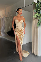 P1151 - Hot/Sexy V-Neck Pleats Sleeveless High Slit Satin Prom Party Dress