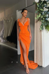 P1151 - Hot/Sexy V-Neck Pleats Sleeveless High Slit Satin Prom Party Dress