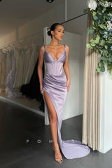 P1151 - Hot/Sexy V-Neck Pleats Sleeveless High Slit Satin Prom Party Dress