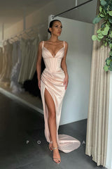 P1151 - Hot/Sexy V-Neck Pleats Sleeveless High Slit Satin Prom Party Dress