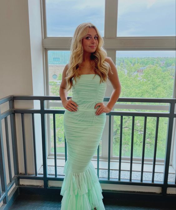 Mermaid Strapless Mint Green Tulle Prom Dress Women Party Dresses P1151