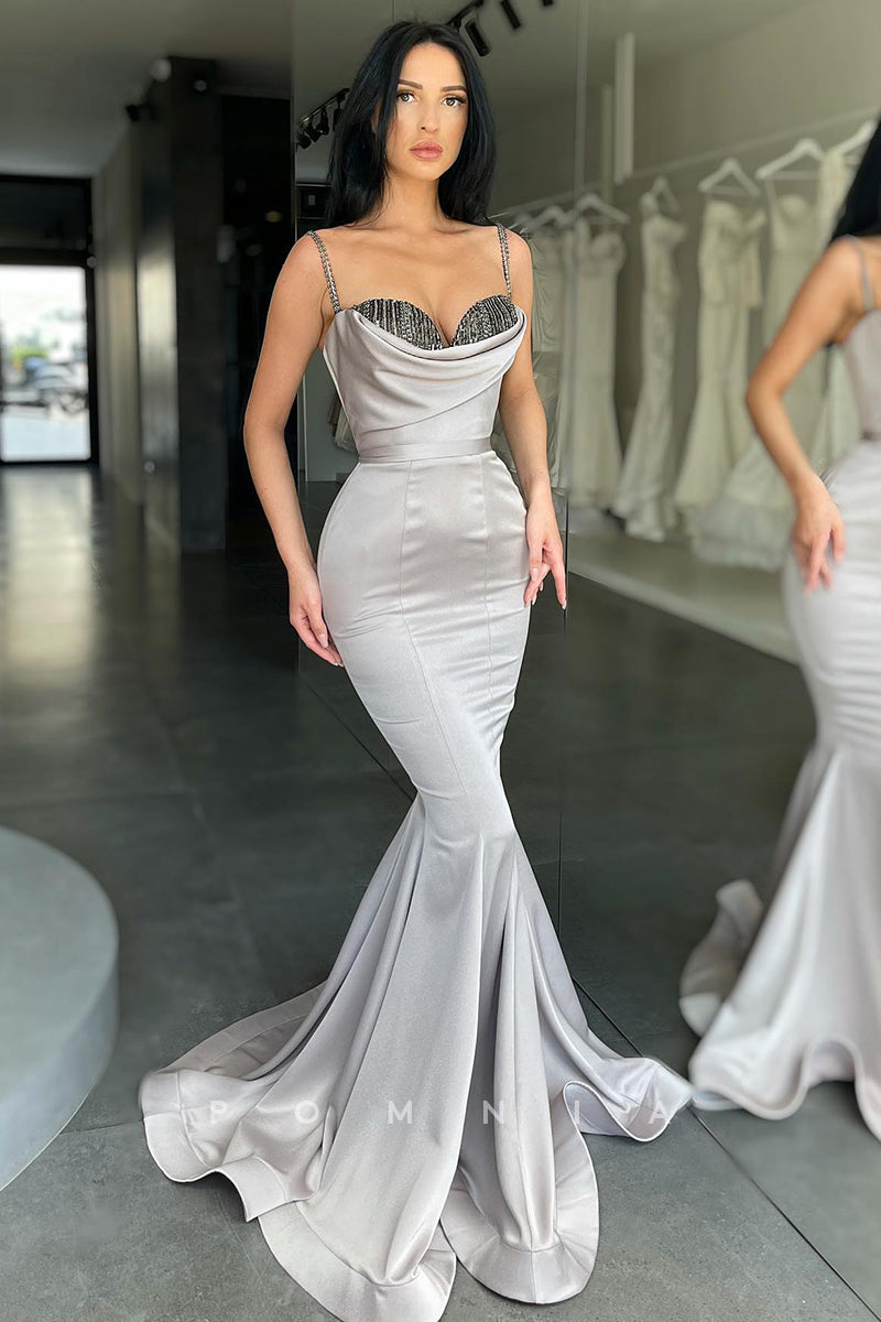P1152 - Spaghetti Straps Top Beads Mermaid Sleeveless Party Prom Dress