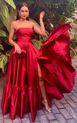 A line Strapless Floor Length Sleeveless Red Slit Prom Dress P1154