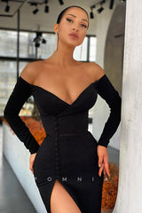 P1115 - Off-Shoulder Deep V-Neck Long Sleeves Prom Formal Dress with Slit