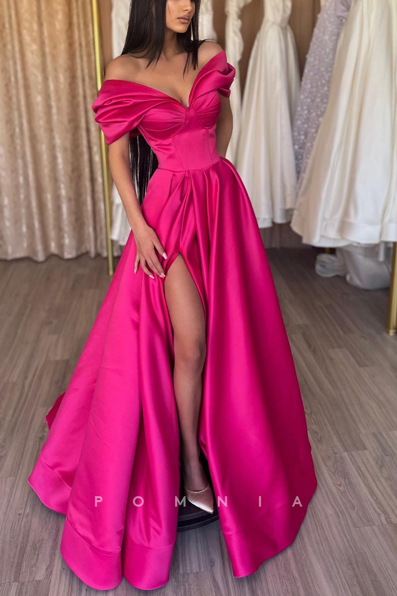 P1161 - A-Line Strapless V-Neck Pleated Side Slit Prom Party Formal Dress