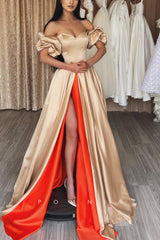 P1162 - Off-Shoulder Sweetheart High Slit A-Line Satin Formal Party Prom Dress