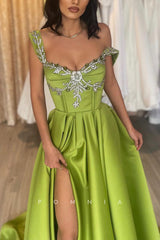 P1164 - A-Line Straps Beads Sleeveless Pleated Formal Prom Party Dress with Slit