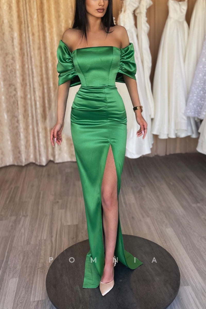 P1165 - Classy Strapless Cap Sleeves Pleats Sheath Prom Party Formal Dress