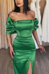 P1165 - Classy Strapless Cap Sleeves Pleats Sheath Prom Party Formal Dress