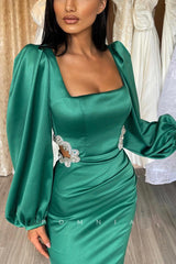 P1166 - Sheath/Column Square Beads Long Sleeves Pleats Prom Party Formal Dress
