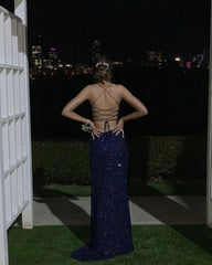 Navy Blue Sequin Long Prom Dresses With Slits Open Back Graduation Dress P1169
