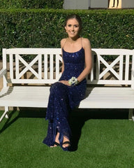 Navy Blue Sequin Long Prom Dresses With Slits Open Back Graduation Dress P1169