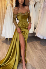 P1169 - Strapless Beads Sweetheart High Slit Formal Party Prom Dress with Sleeves