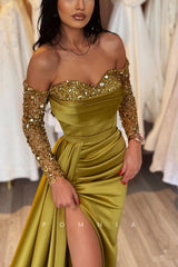 P1169 - Strapless Beads Sweetheart High Slit Formal Party Prom Dress with Sleeves