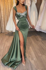 P1170 - Chic Straps Beads Side Slit Pleats Sleeveless Prom Party Formal Dress