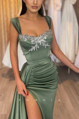 P1170 - Chic Straps Beads Side Slit Pleats Sleeveless Prom Party Formal Dress