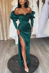P1171 - Off-Shoulder Sweetheart Beads Side Slit Party Formal Prom Dress with Sleeves