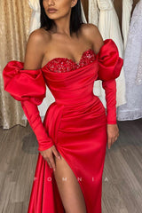 P1171 - Off-Shoulder Sweetheart Beads Side Slit Party Formal Prom Dress with Sleeves